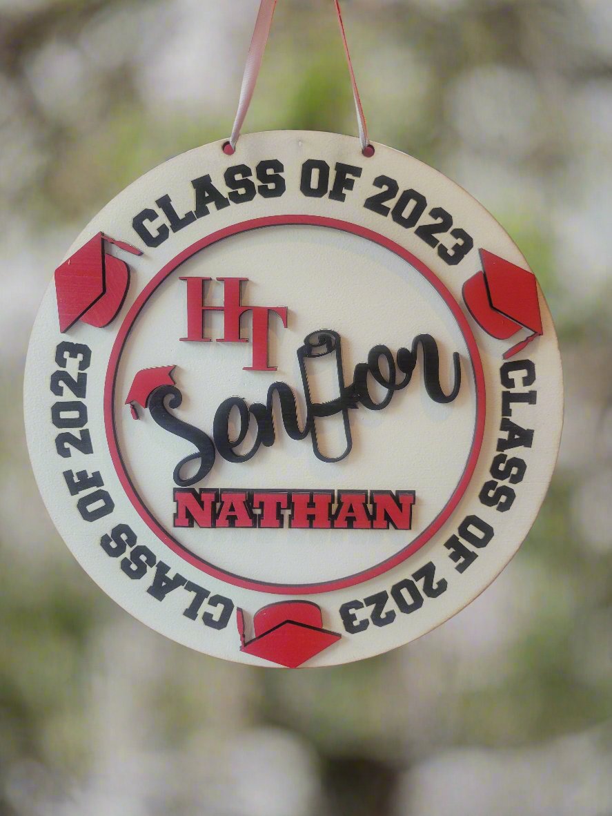 Personalized Graduation 2025 Door Decoration – Hand Painted Wood Round with School Logo, Graduate Name, and Optional Post Stand Display