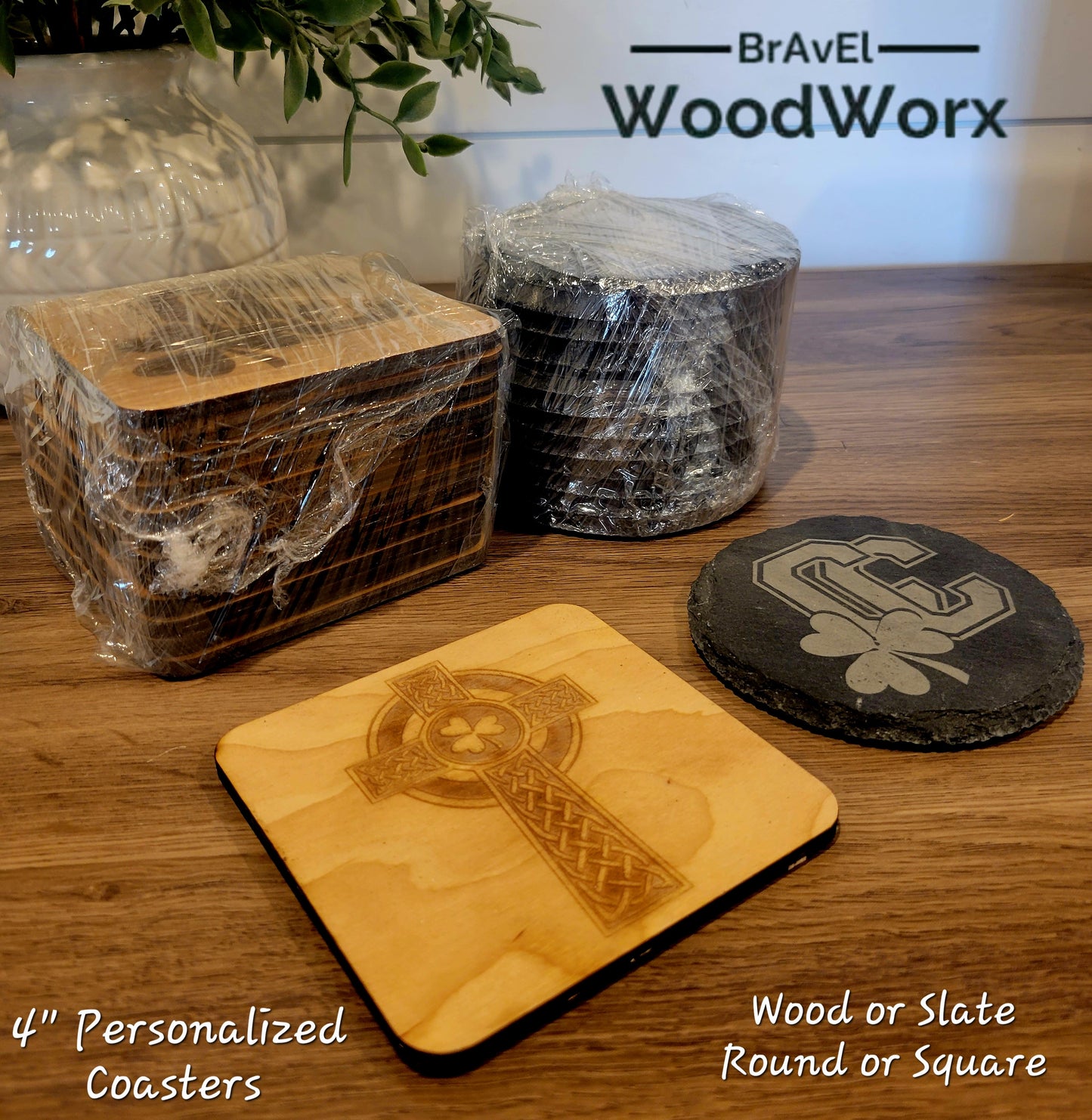 Custom Engraved Coasters – Personalized Wood or Slate 4" Size