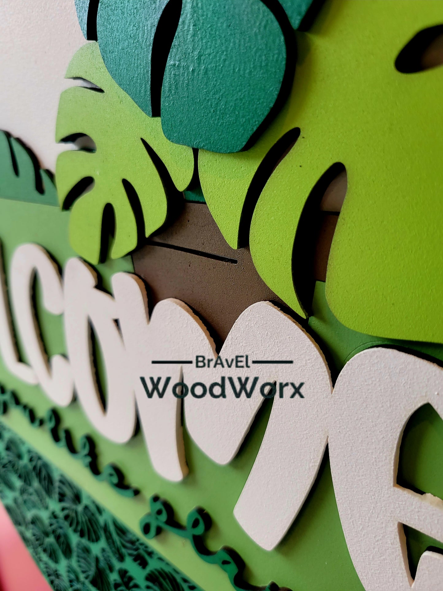 Welcome Plant Lovers Door Hanger – 3D Laser Cut Sign with Tropical Leaf Design – Indoor/Outdoor Greenery Decor