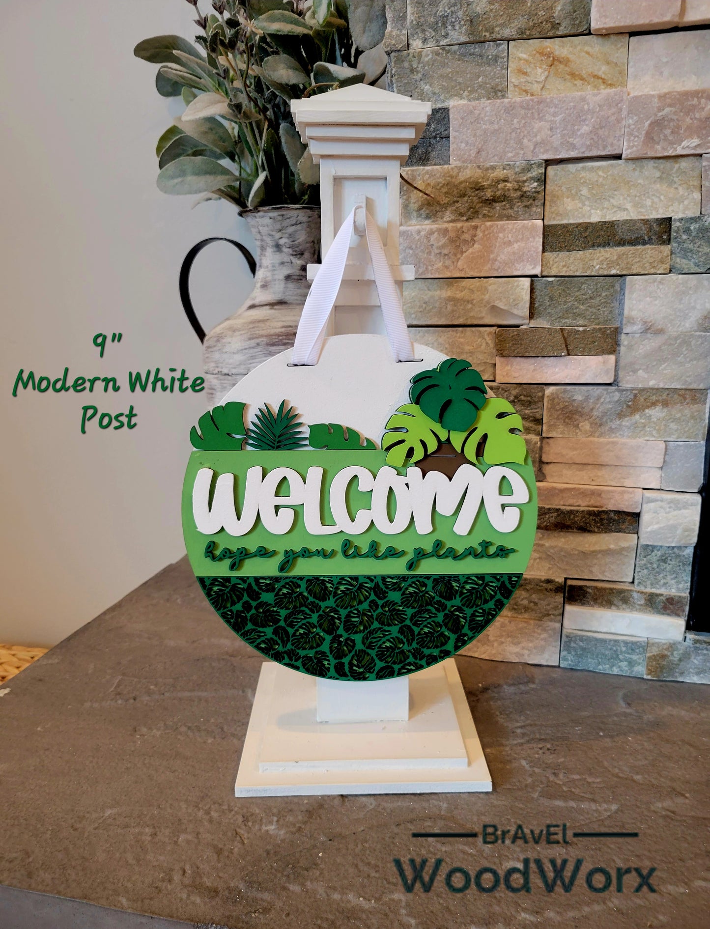 3D tropical leaf door hanger with Welcome Plant Lovers message for plant enthusiasts