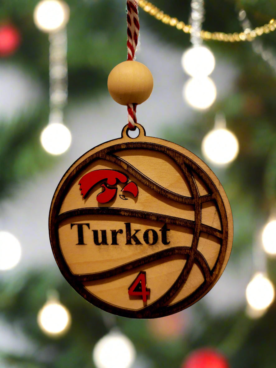 Custom basketball ornament for players and fans – laser-cut and engraved holiday keepsake with personalized details.