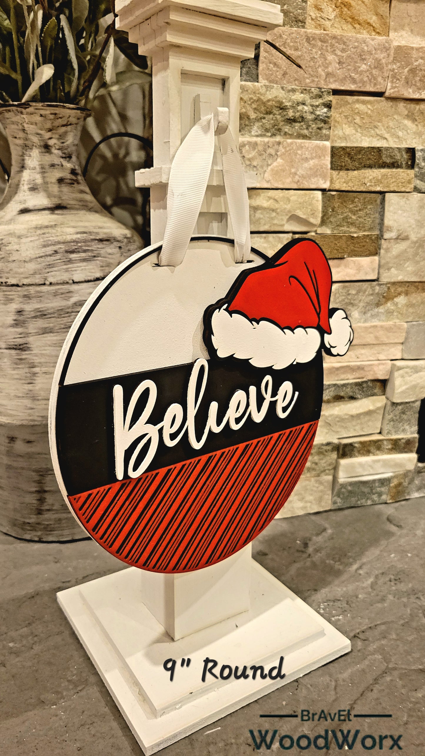 BrAvEl WoodWorx handmade Christmas door hanger with Santa hat accent and ribbon for hanging