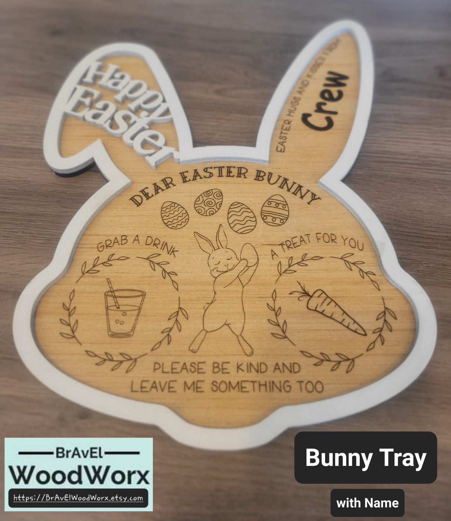 Personalized Easter Bunny Tray – Handmade wooden tray with custom engraving, perfect for Easter treats, cookies, and carrots for the Easter Bunny. A festive holiday keepsake for kids and families.