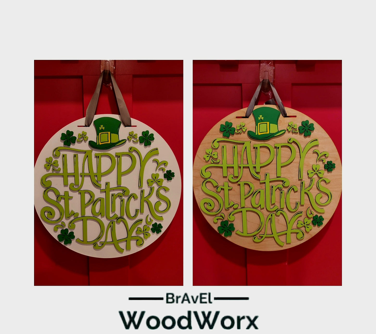 Festive St. Patrick’s Day Clover & Hat Door Hanger – Lucky Irish Decor featuring a charming design with vibrant green clovers, a classic leprechaun hat, and festive accents. Perfect for front doors, entryways, or indoor wall decor to celebrate Irish heritage and St. Paddy’s Day spirit. Handmade and durable for seasonal decorating. #StPatricksDayDecor #IrishHomeDecor #LuckyShamrockDecor Both Options