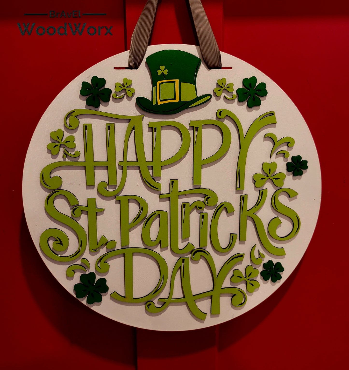 Festive St. Patrick’s Day Clover & Hat Door Hanger – Lucky Irish Decor featuring a charming design with vibrant green clovers, a classic leprechaun hat, and festive accents. Perfect for front doors, entryways, or indoor wall decor to celebrate Irish heritage and St. Paddy’s Day spirit. Handmade and durable for seasonal decorating. #StPatricksDayDecor #IrishHomeDecor #LuckyShamrockDecor White Background