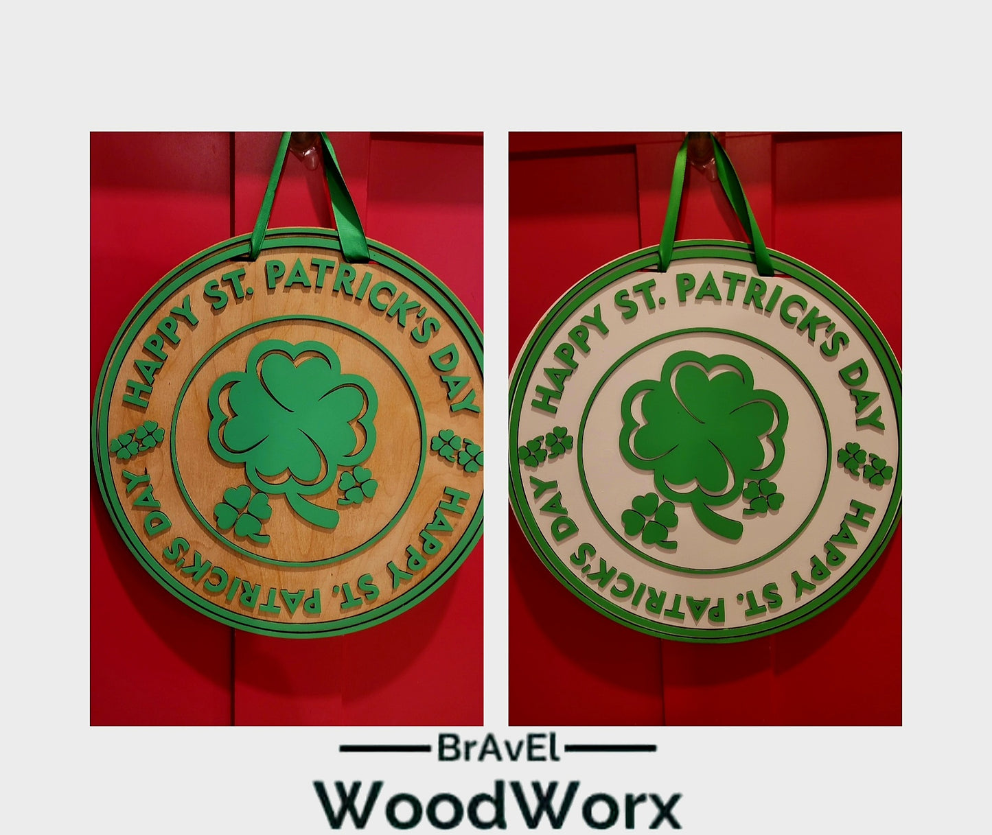 Happy St. Patrick’s Day ‘Round the Rings’ Door Hanger – Festive Shamrock Decor featuring a layered wooden ring design with vibrant green shamrocks, Celtic-inspired accents, and a cheerful holiday message. Perfect for front doors, entryways, or indoor wall decor to celebrate Irish pride and St. Paddy’s Day. Handmade, durable, and ideal for seasonal home decoration. #StPatricksDayDecor #ShamrockDoorHanger #IrishHolidayDecor both options