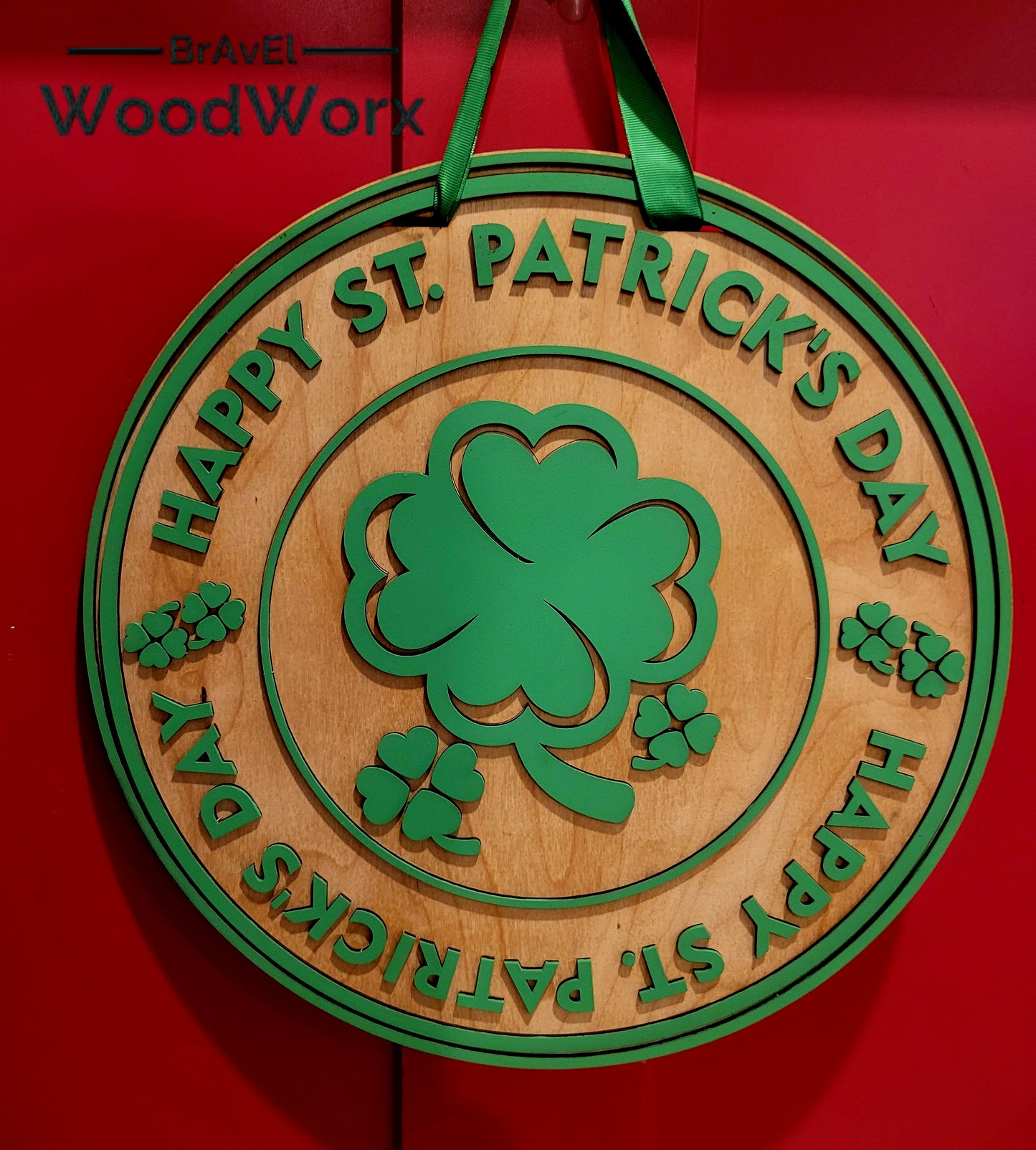 Happy St. Patrick’s Day ‘Round the Rings’ Door Hanger – Festive Shamrock Decor featuring a layered wooden ring design with vibrant green shamrocks, Celtic-inspired accents, and a cheerful holiday message. Perfect for front doors, entryways, or indoor wall decor to celebrate Irish pride and St. Paddy’s Day. Handmade, durable, and ideal for seasonal home decoration. #StPatricksDayDecor #ShamrockDoorHanger #IrishHolidayDecor Natural backgound