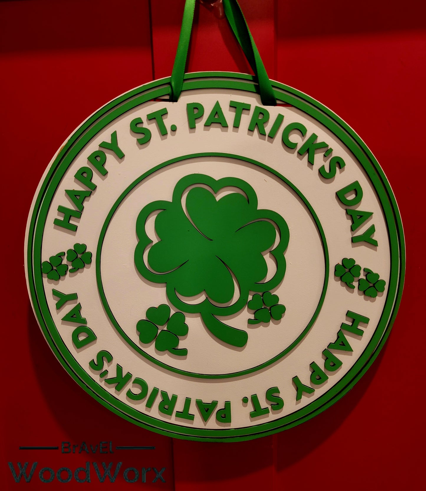 Happy St. Patrick’s Day ‘Round the Rings’ Door Hanger – Festive Shamrock Decor featuring a layered wooden ring design with vibrant green shamrocks, Celtic-inspired accents, and a cheerful holiday message. Perfect for front doors, entryways, or indoor wall decor to celebrate Irish pride and St. Paddy’s Day. Handmade, durable, and ideal for seasonal home decoration. #StPatricksDayDecor #ShamrockDoorHanger #IrishHolidayDecor White Background