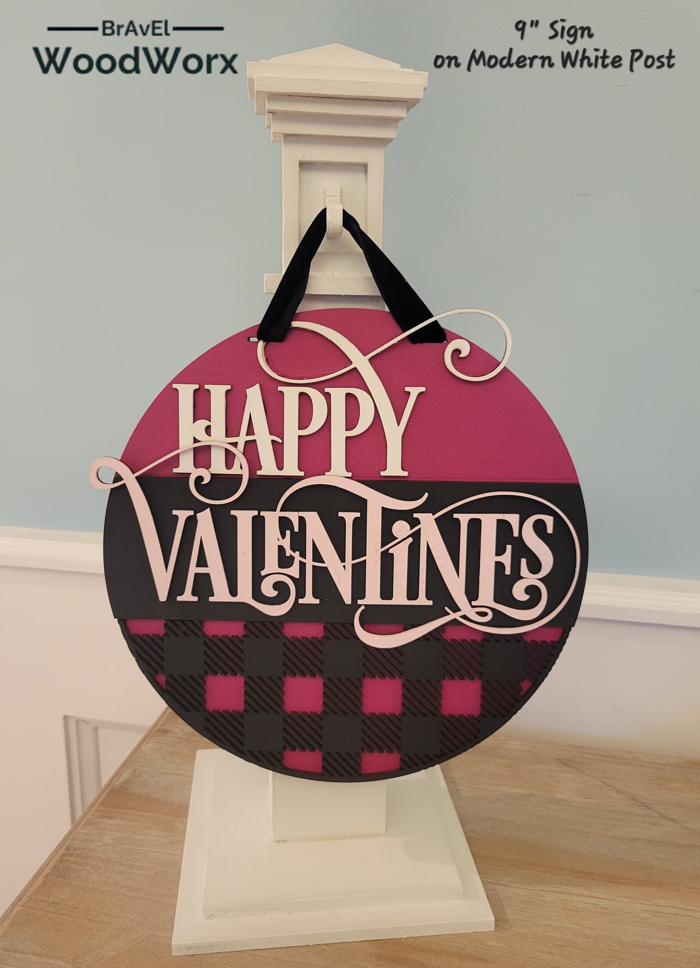 An image featuring the 'Heartfelt Plaid: Fuchsia Valentine Sign' designed for the Festive Charm Shelf Post Stand. The sign showcases a vibrant fuchsia plaid pattern with heartfelt Valentine-themed accents, adding a festive and romantic touch to your shelf or tabletop decor. White Front