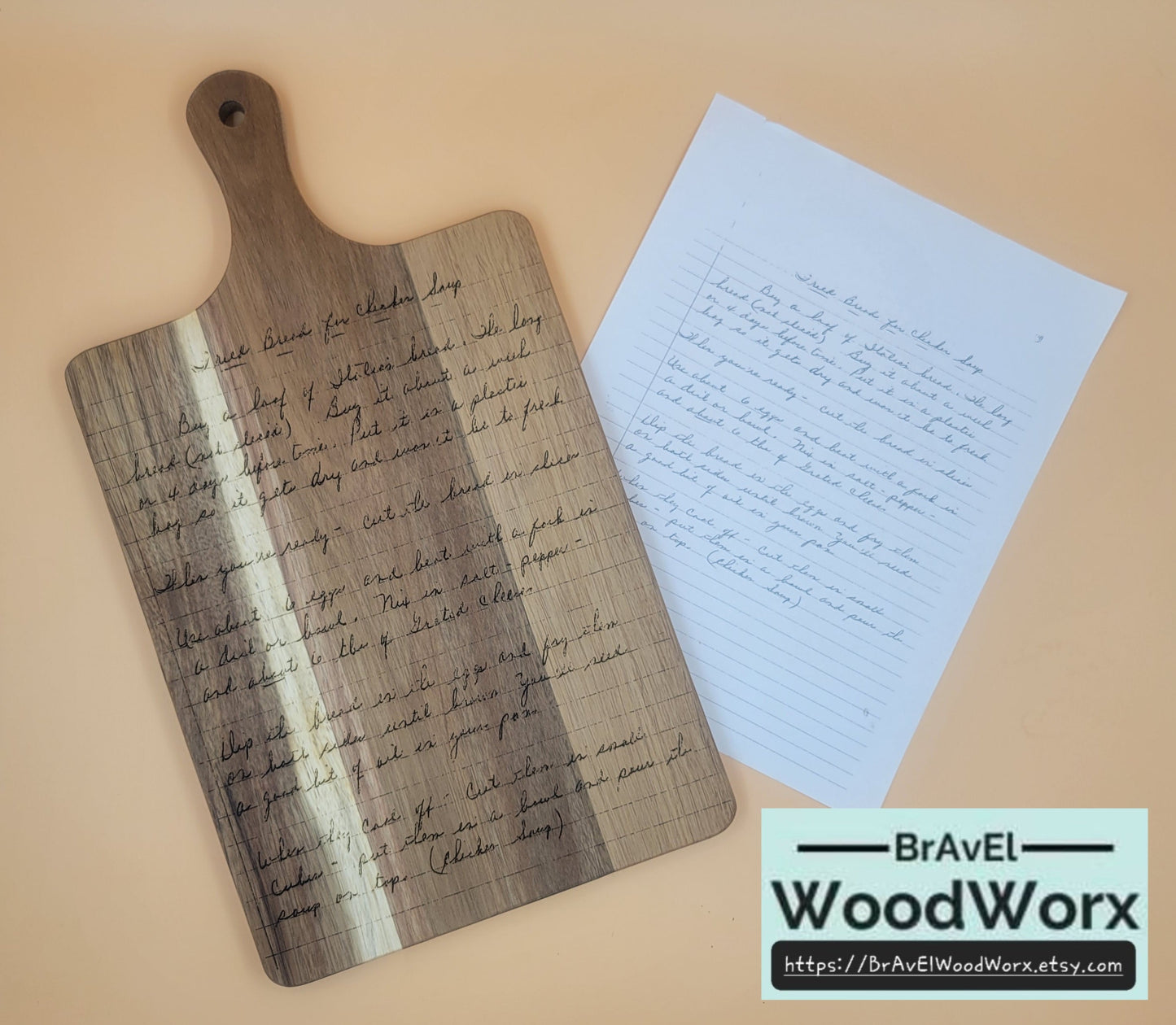 Custom engraved charcuterie board featuring a handwritten recipe – personalized wood serving tray for gourmet entertaining.