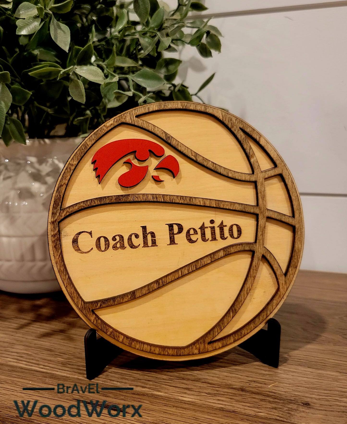 Custom laser-cut wooden basketball sign with team name, coach’s name, and player details – perfect personalized gift for basketball coaches and players.