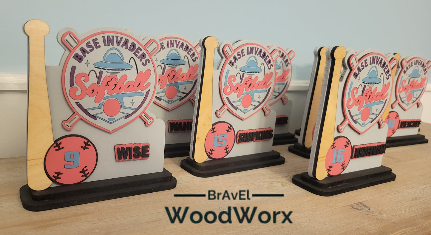 Personalized softball team award gift with engraved plaque and bat detail
