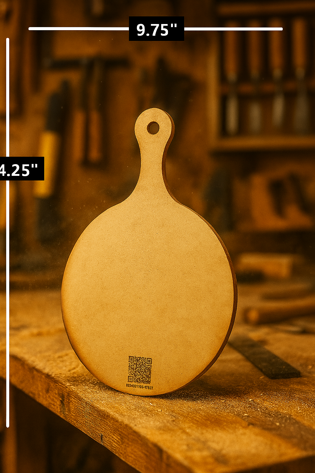 Round paddle router template made from MDF, designed for crafting cutting boards and serving paddles.