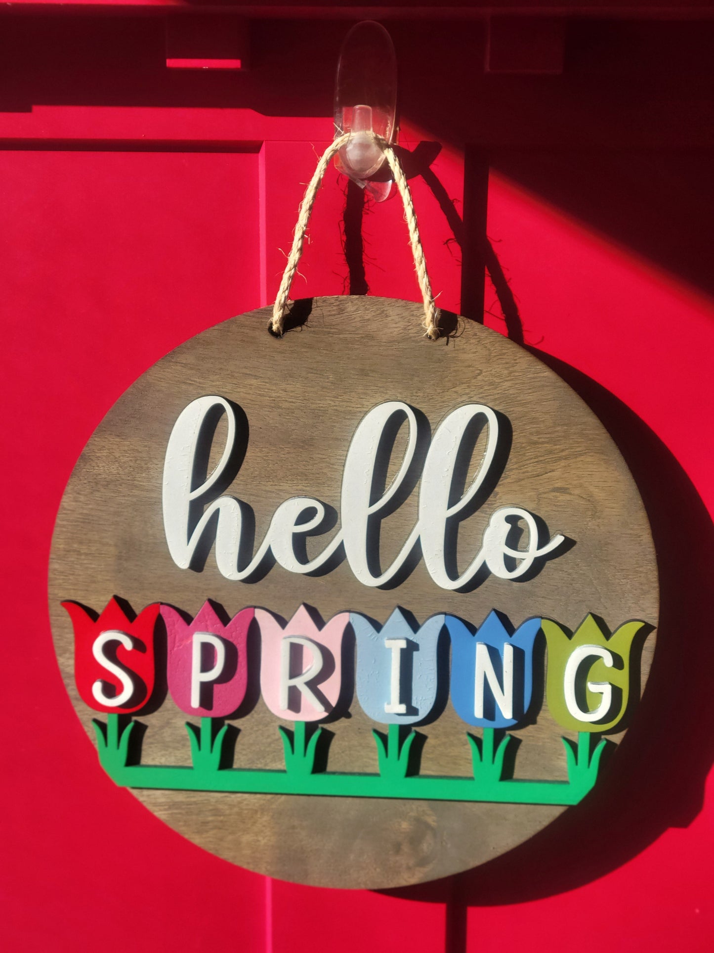 Handmade 3D Wooden Spring Sign – Colorful, layered wood sign featuring a vibrant spring design, perfect for front doors, walls, or seasonal home décor.