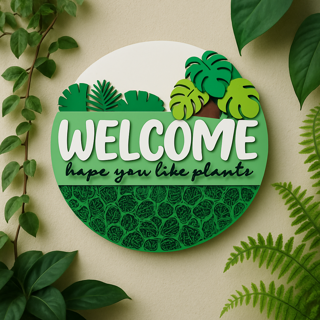 Wooden door sign featuring laser cut tropical leaves and Welcome Plant Lovers text