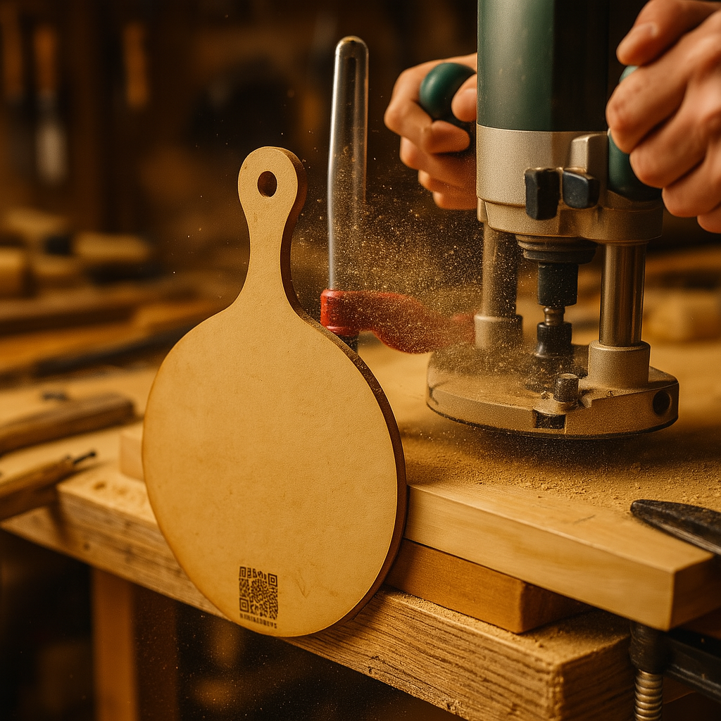 Woodworking jig in a round paddle shape, ideal for precision router work on custom boards.