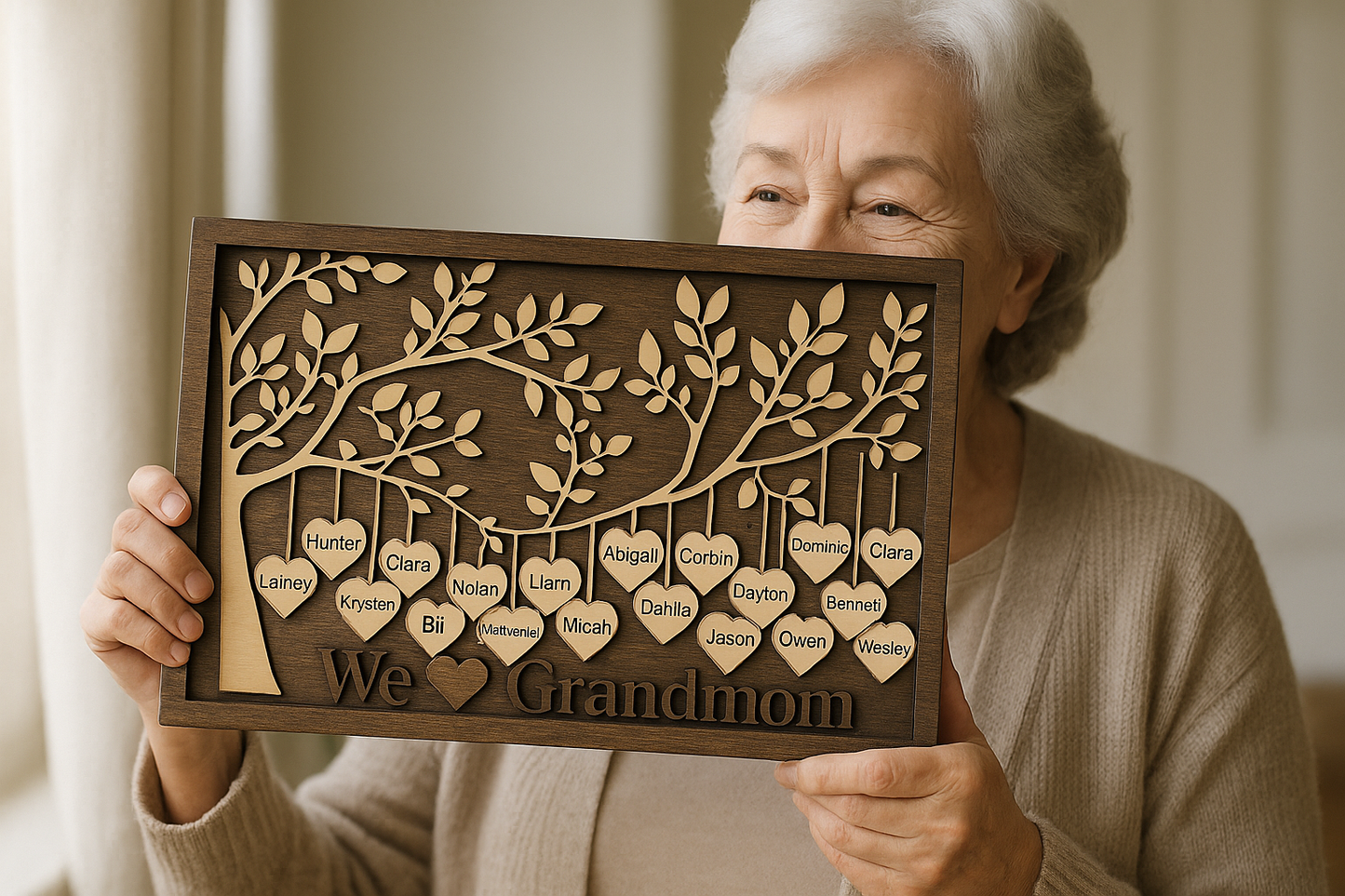 A warm, loving grandmother holding a personalized family tree sign
