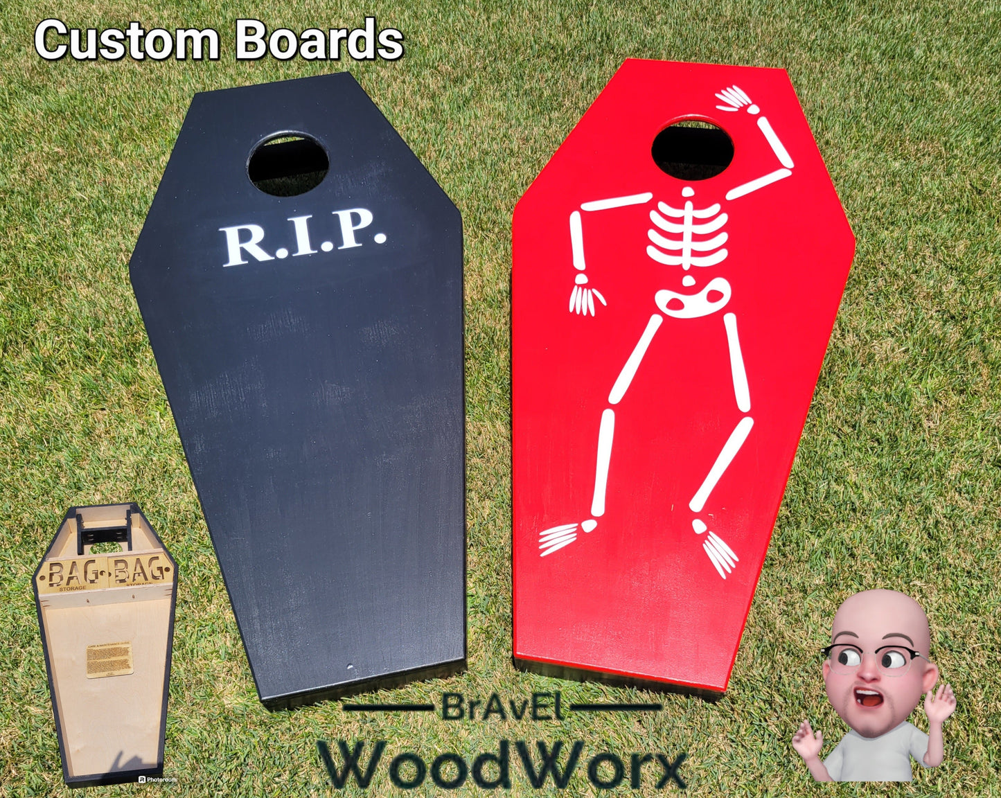 Custom coffin-shaped cornhole set with regulation size boards and bean bags for Halloween outdoor games