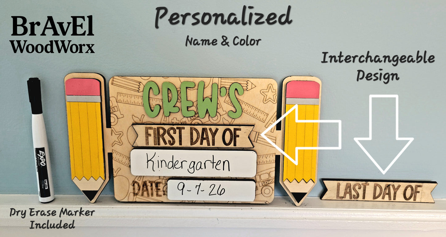 Personalized sign for school milestones with interchangeable design and dry erase marker included.