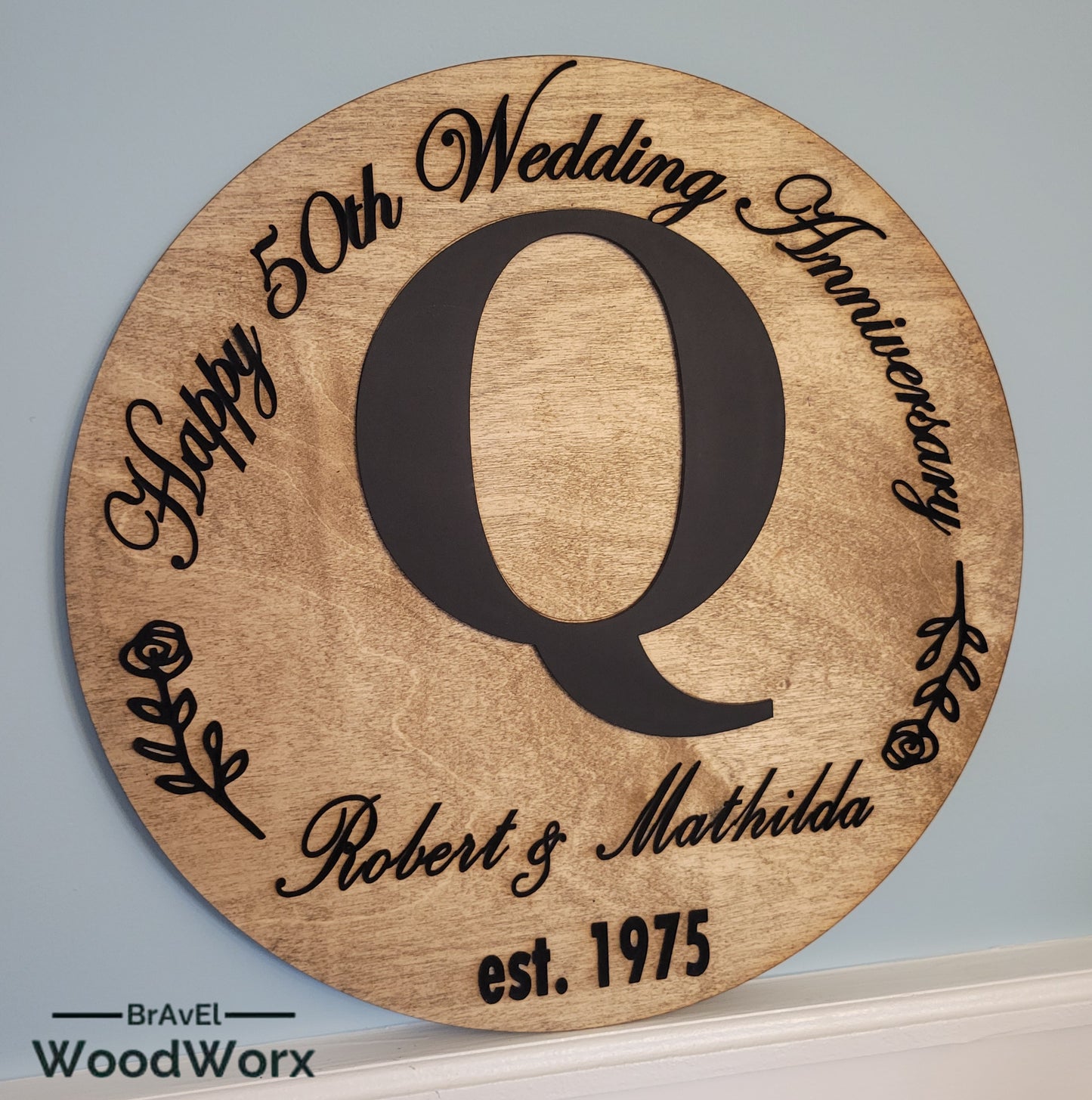 Elegant handmade personalized wood anniversary sign with custom engraving for weddings and special celebrations