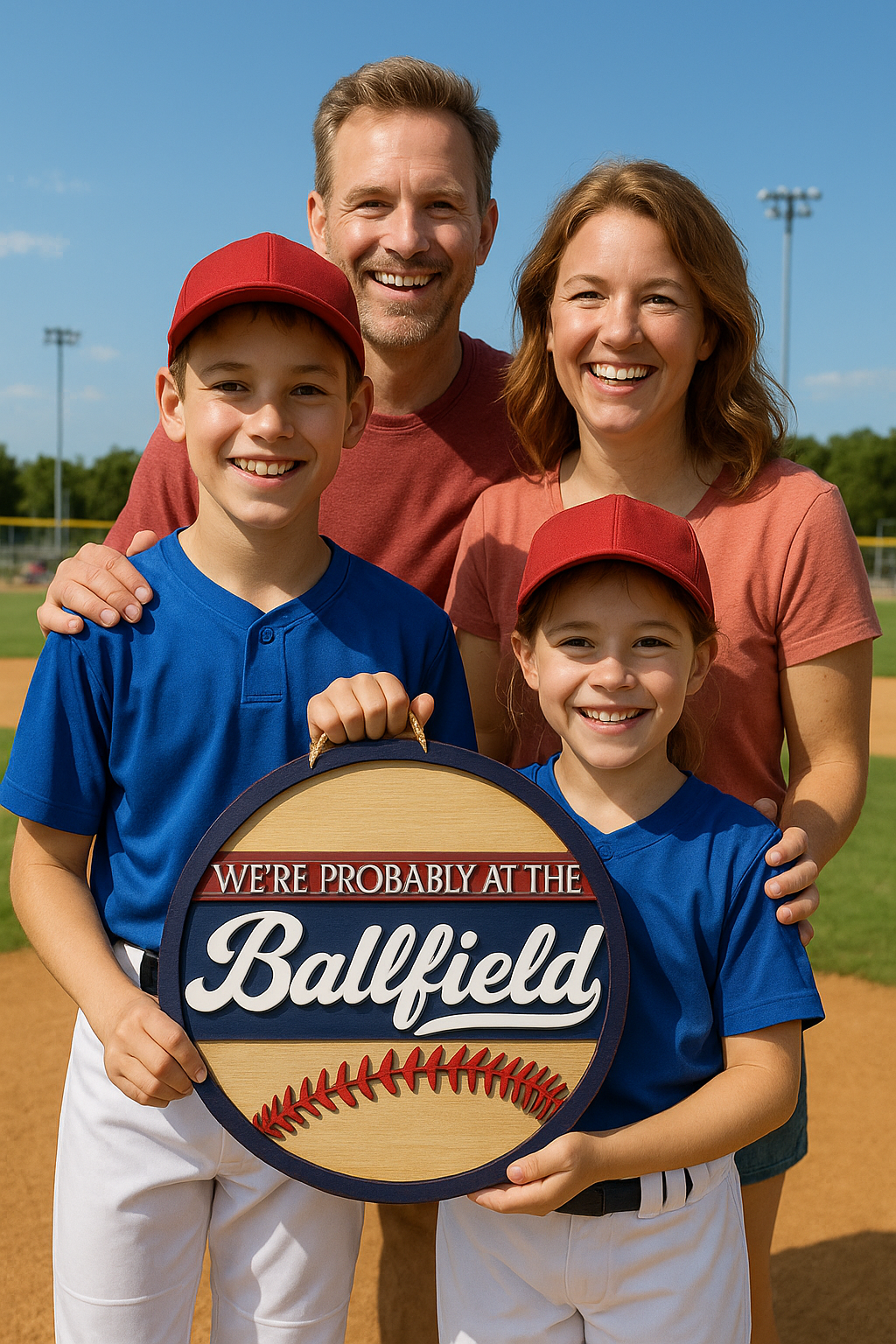 Family of four with two children holding a sign saying 'We're Probably at the Ballfield' on a baseball field.