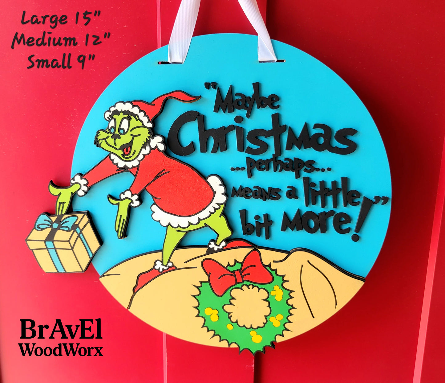 Decorative Christmas ornament with Grinch design and text on a red background, featuring the brand 'BravEl WoodWorx'.