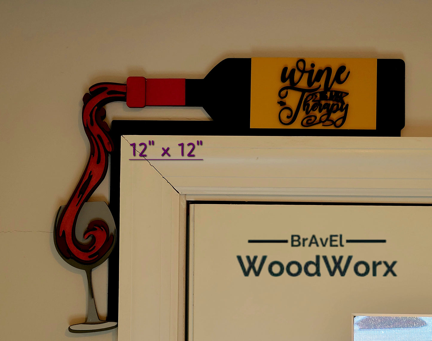 Size Wine Therapy door trim hanger: A beautifully crafted wooden sign featuring the words 'Wine Therapy' elegantly engraved. The sign is designed to hang seamlessly on a door trim, adding a touch of charm and personality to any space. Perfect for wine enthusiasts and as a thoughtful gift.
