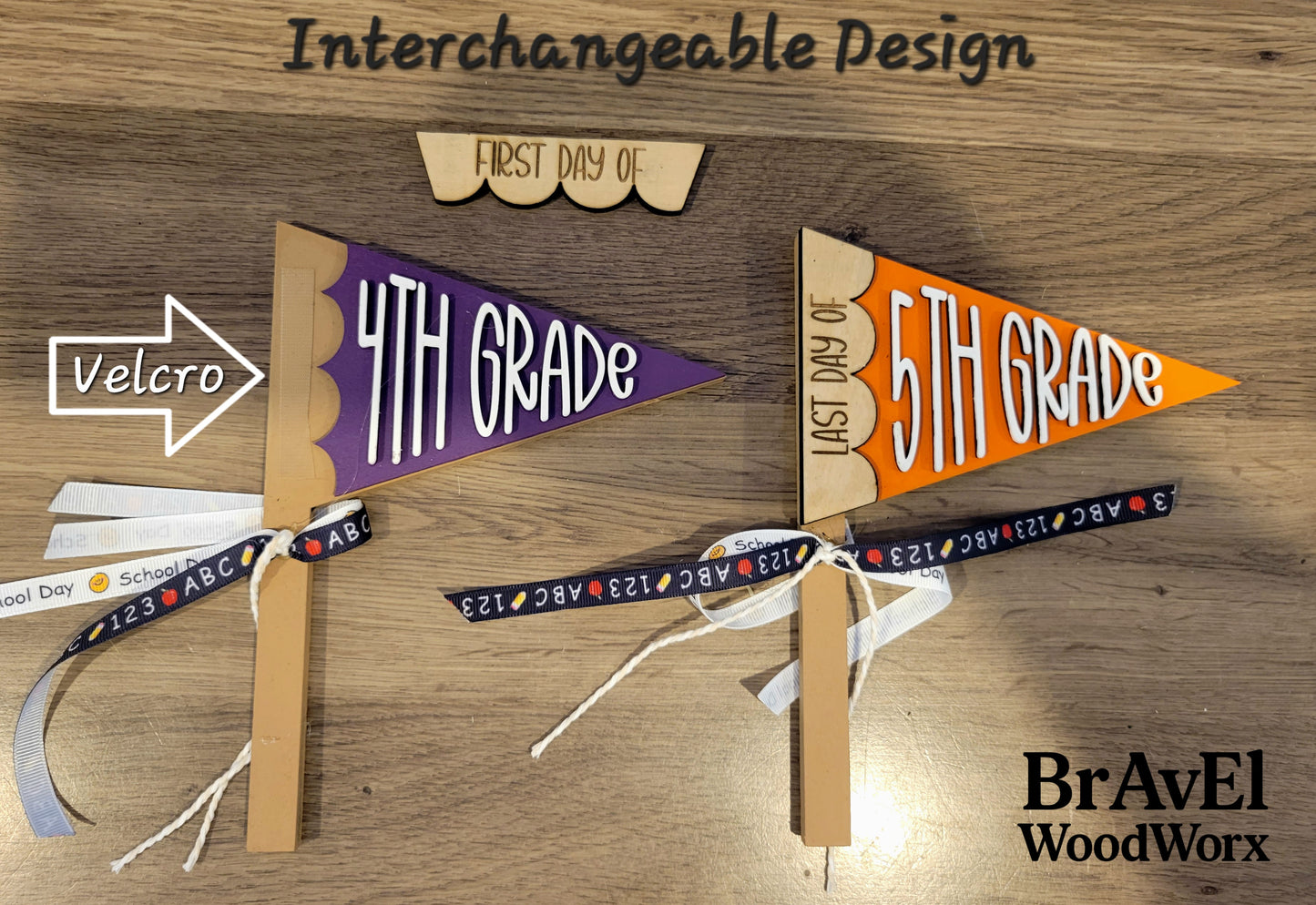 Wooden pennant flags for marking the first and last day of 4th and 5th grade, with Velcro design on a wooden background.