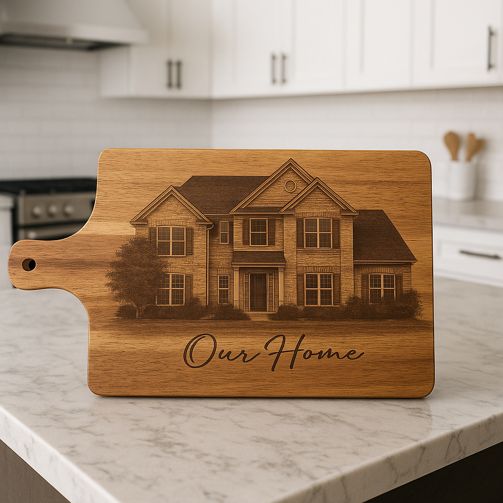 "Handcrafted wooden charcuterie board with custom laser engraving showing house silhouette and Our Home text"