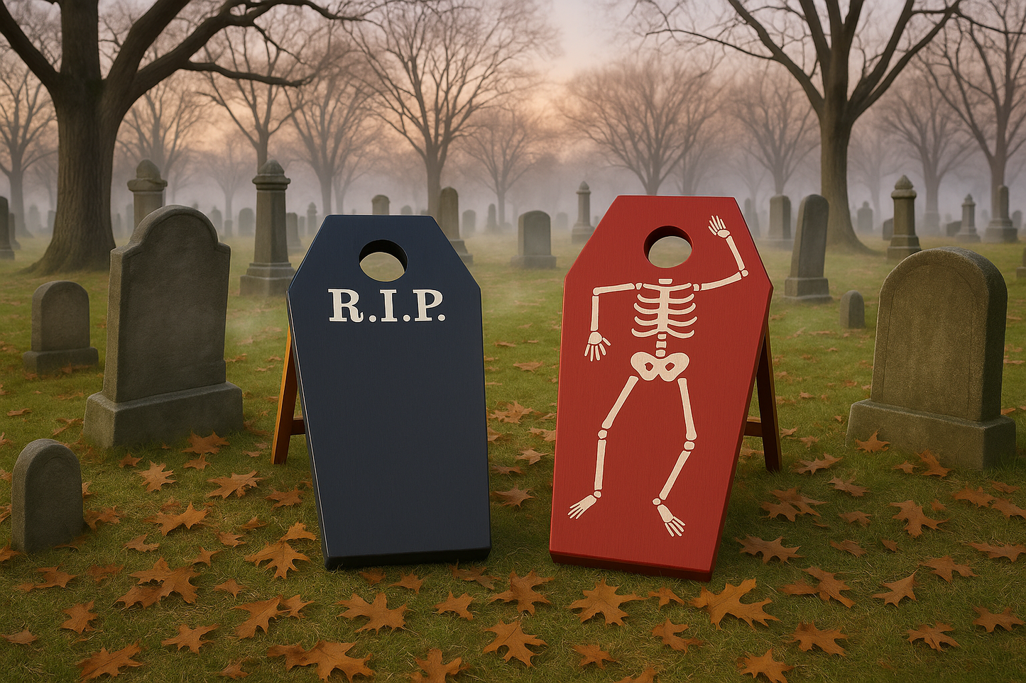 Lighter cemetery scene with coffin cornhole boards