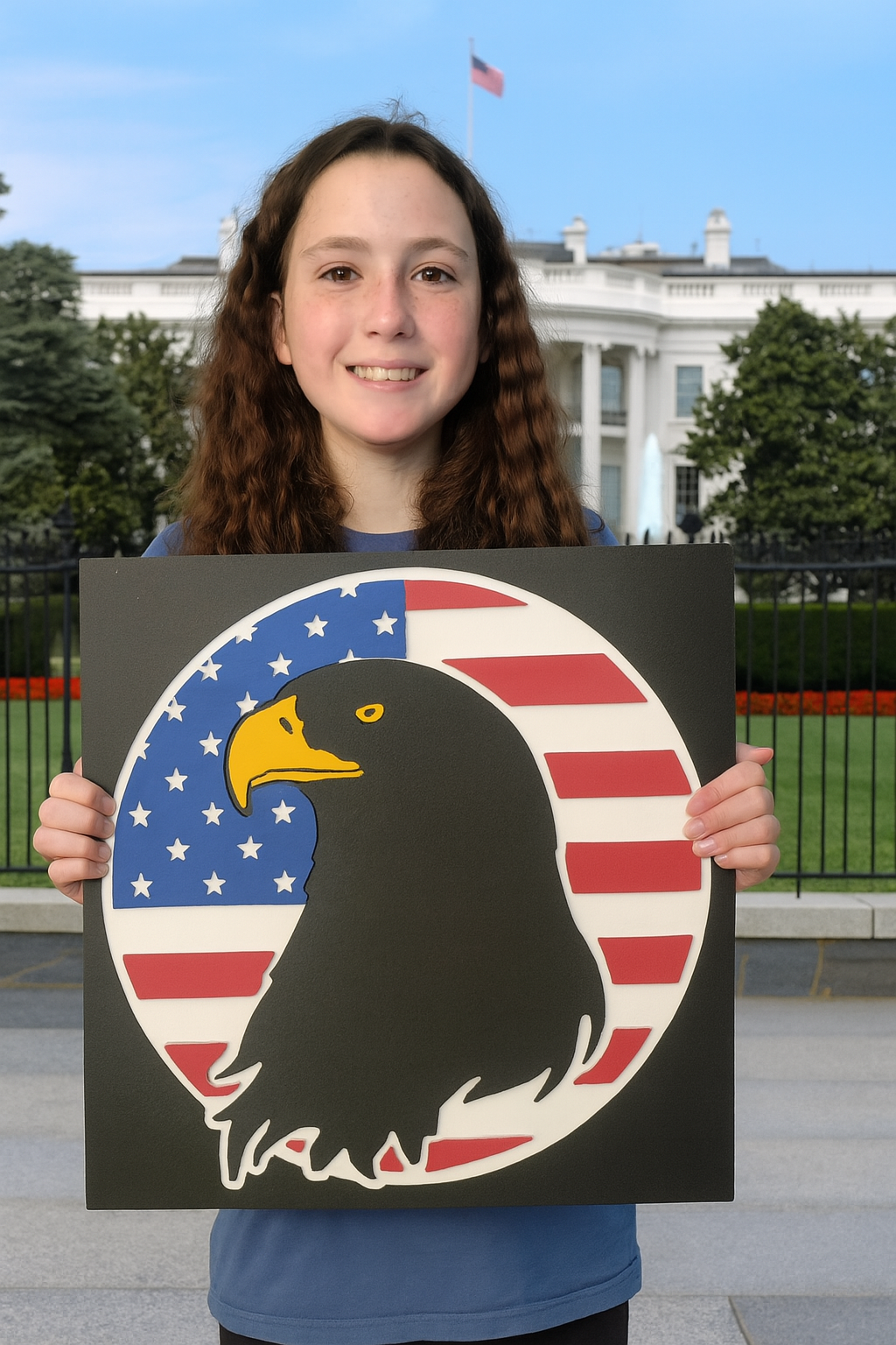 Close-up of HDPE wall art featuring a black eagle silhouette over a red, white, and blue flag design