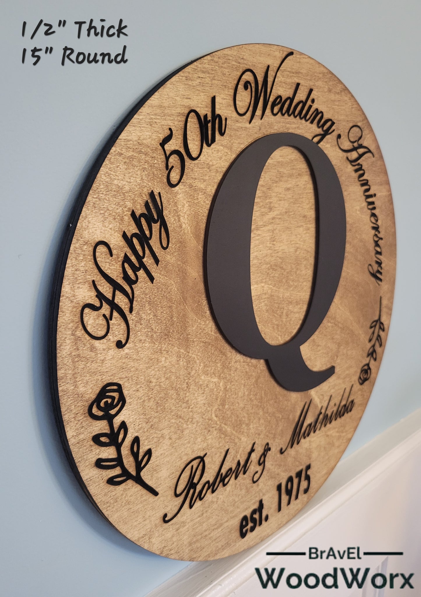 Close-up detail of personalized wood sign showing custom engraved text for anniversary gift