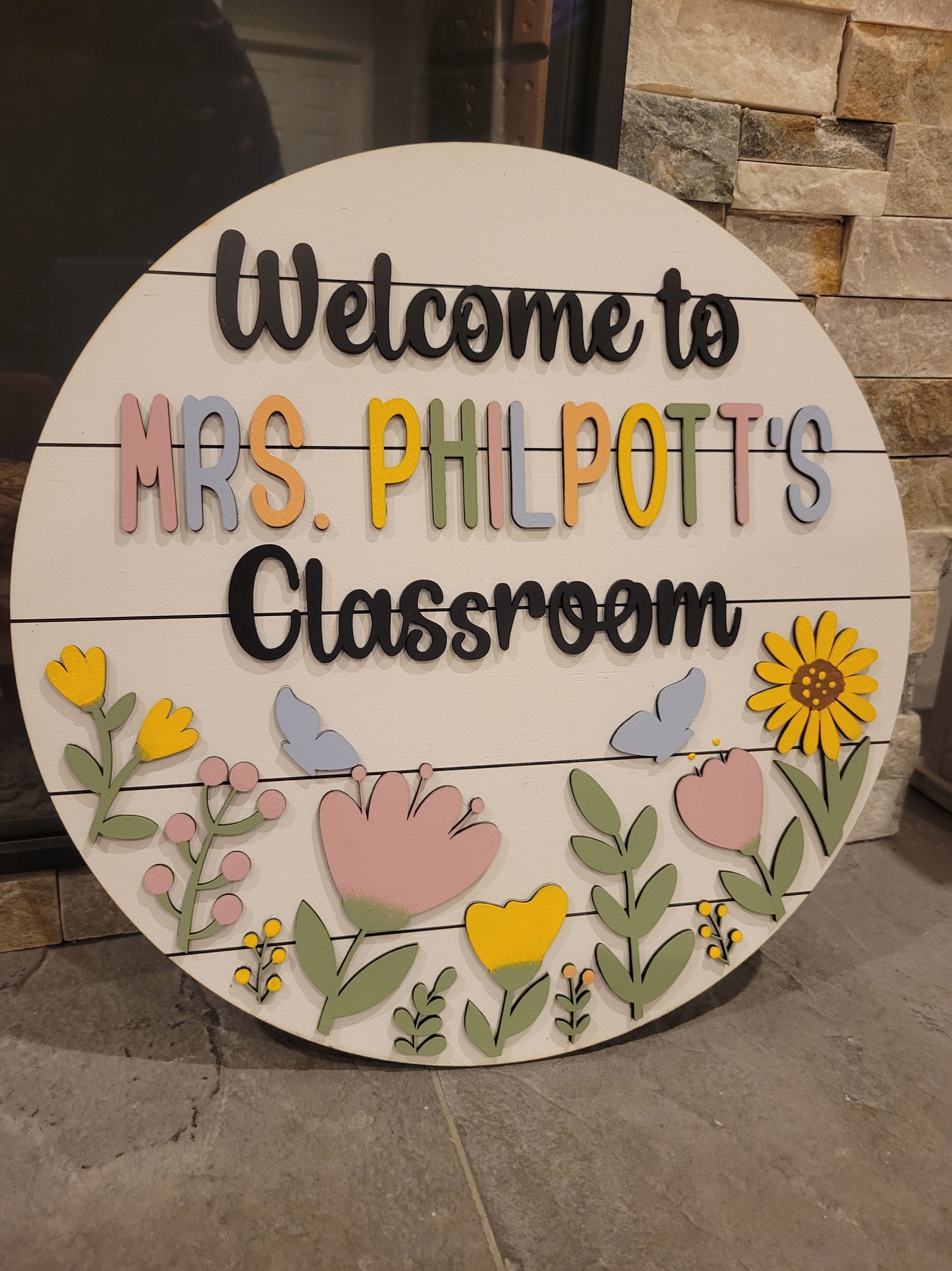 Personalized wooden welcome to classroom sign hanging on teacher's door with custom name - handcrafted educational decor