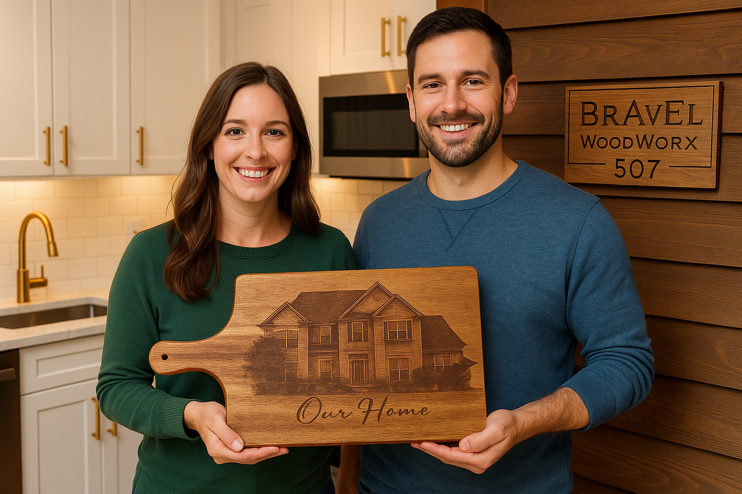 "Personalized charcuterie serving board featuring laser engraved home design and Our Home inscription"