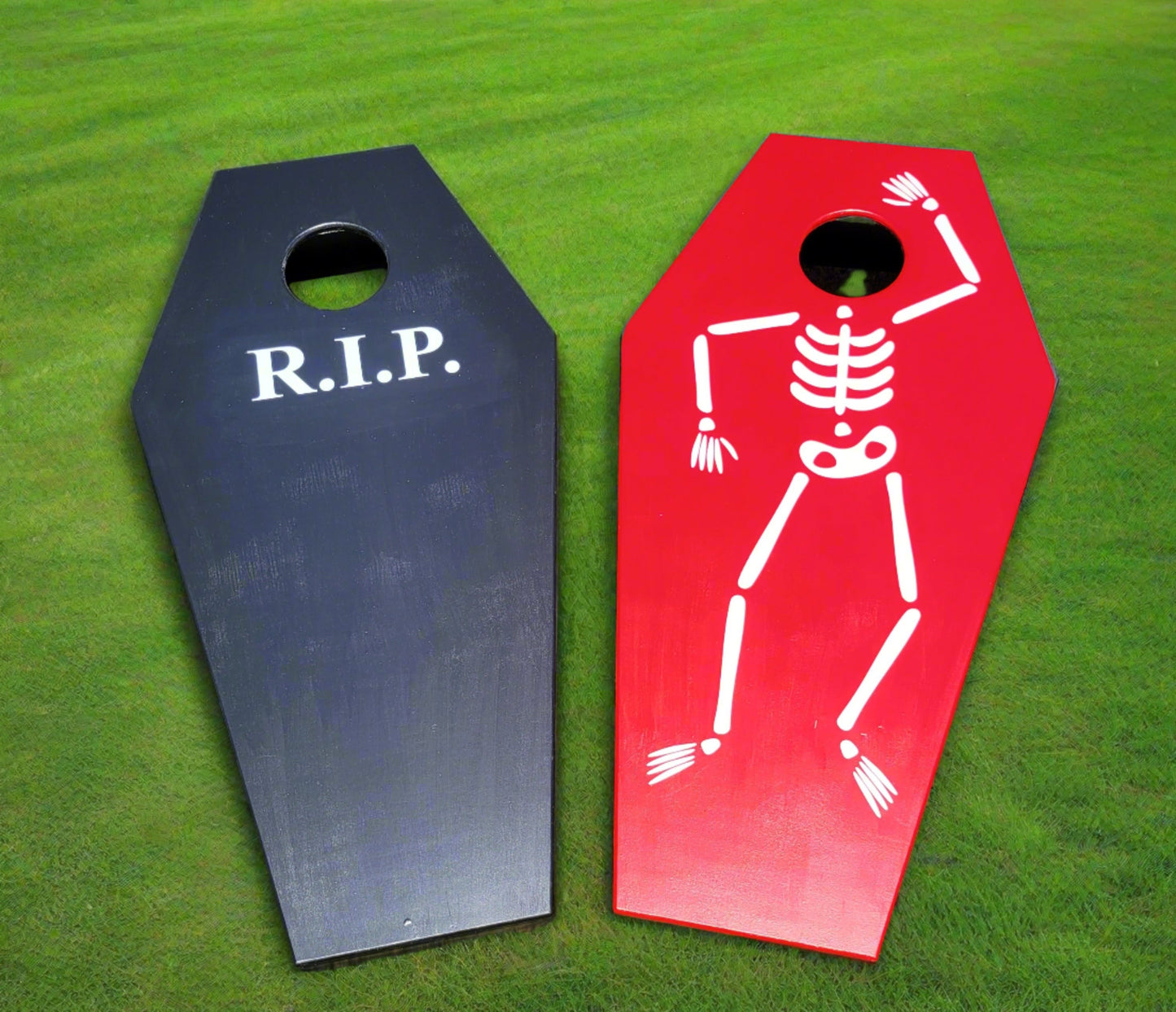 Handcrafted coffin cornhole boards by BrAvEl WoodWorx with clear coat finish and complete game set