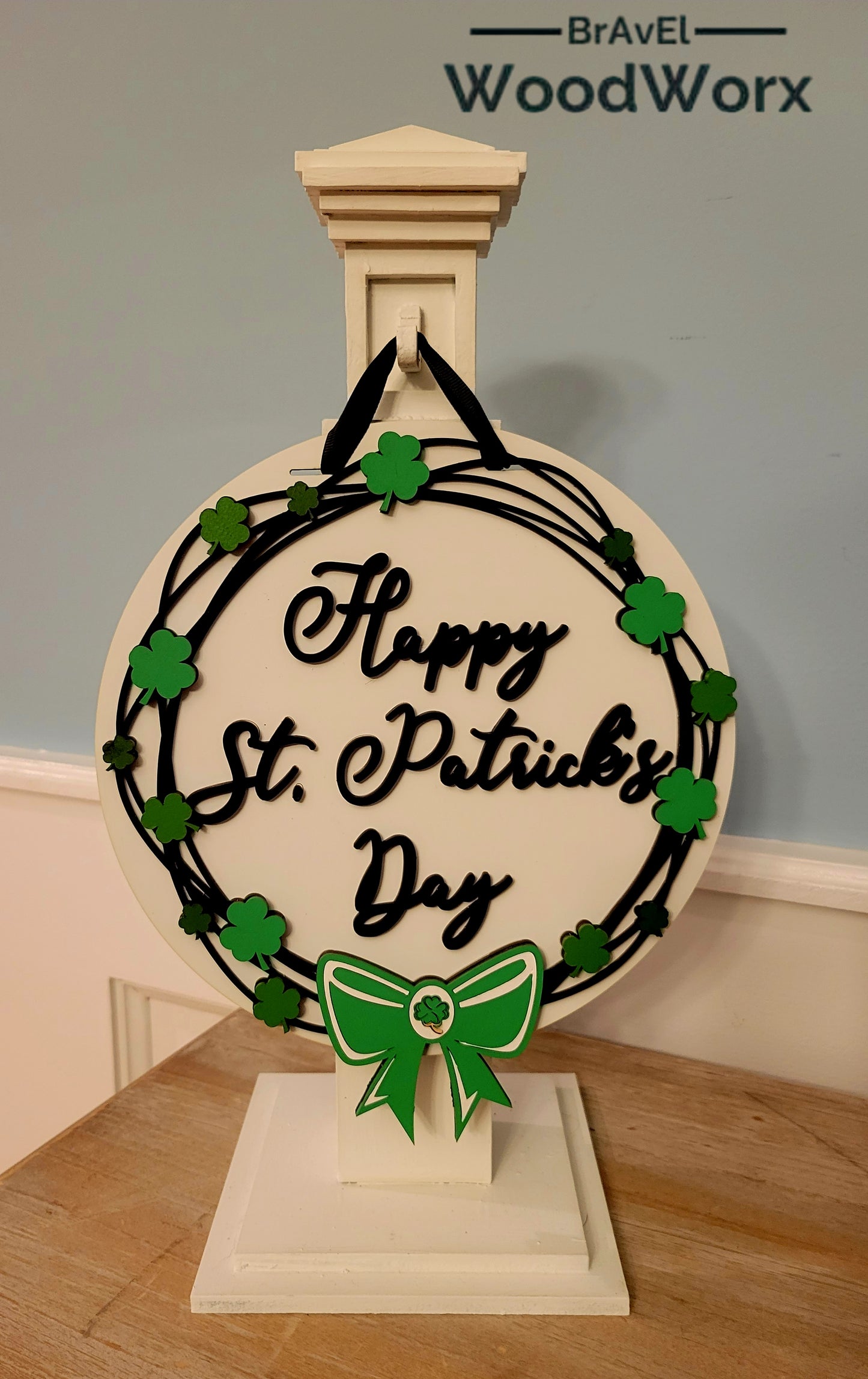 Festive St. Patrick’s Day Grapevine Door Hanger – Lucky Shamrock Decor handcrafted with a rustic grapevine base, vibrant green shamrocks, and festive embellishments. Perfect for front doors, porches, or indoor wall decor to bring Irish charm and good luck to your home. Ideal for St. Paddy’s Day celebrations and seasonal decorating. #StPatricksDayDecor #ShamrockDoorHanger #LuckyIrishDecor White Post Hanger