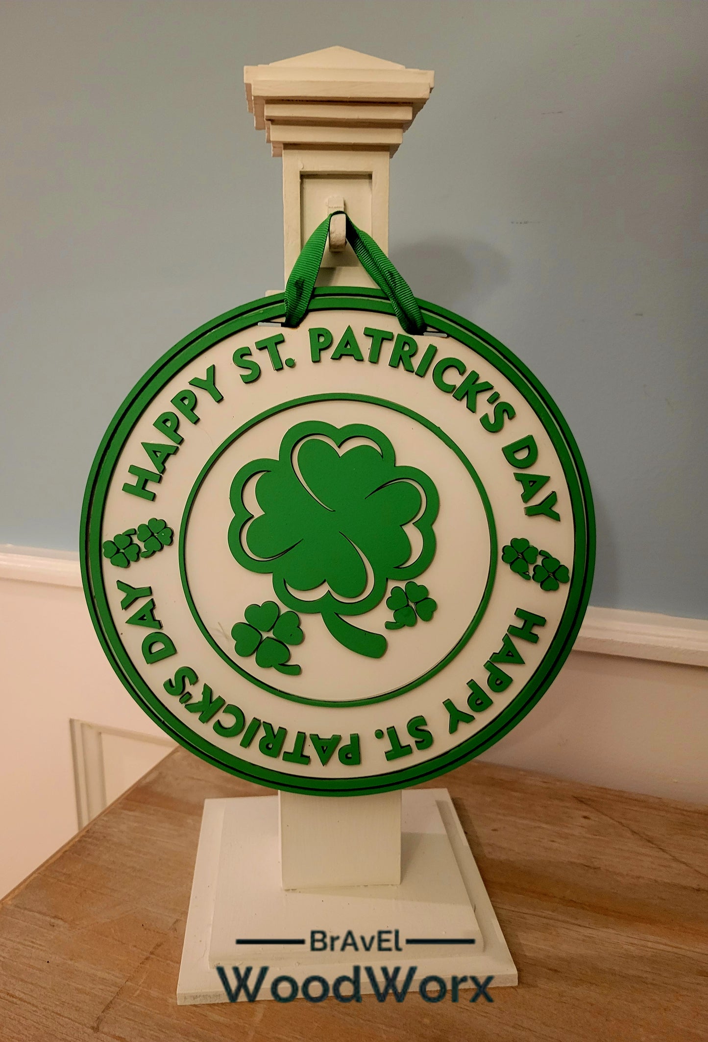 Happy St. Patrick’s Day ‘Round the Rings’ Door Hanger – Festive Shamrock Decor featuring a layered wooden ring design with vibrant green shamrocks, Celtic-inspired accents, and a cheerful holiday message. Perfect for front doors, entryways, or indoor wall decor to celebrate Irish pride and St. Paddy’s Day. Handmade, durable, and ideal for seasonal home decoration. #StPatricksDayDecor #ShamrockDoorHanger #IrishHolidayDecor White Post Hanger