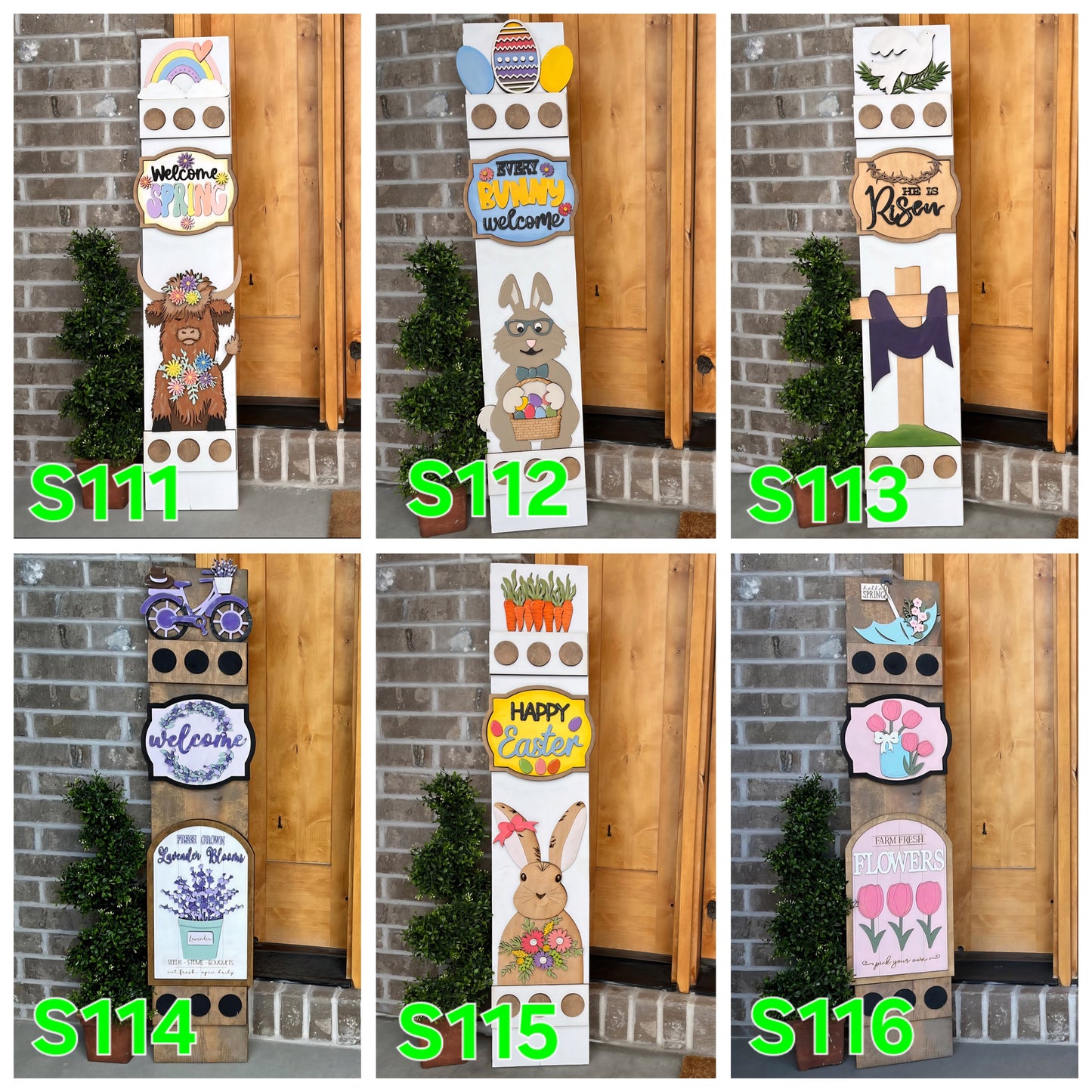 Set of decorative wooden signs with various designs and text, displayed against a brick wall.