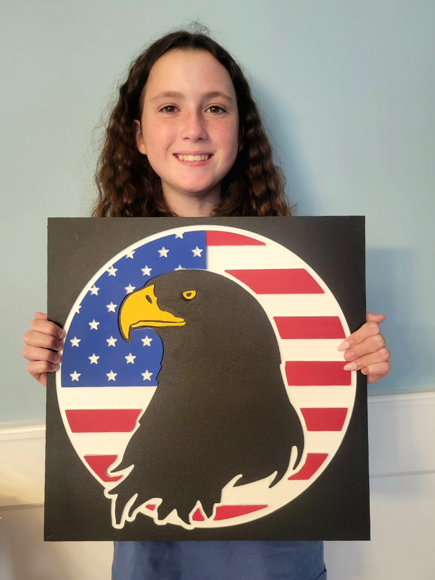 16x16 inch indoor/outdoor bald eagle sign with pre-drilled corner holes for easy mounting