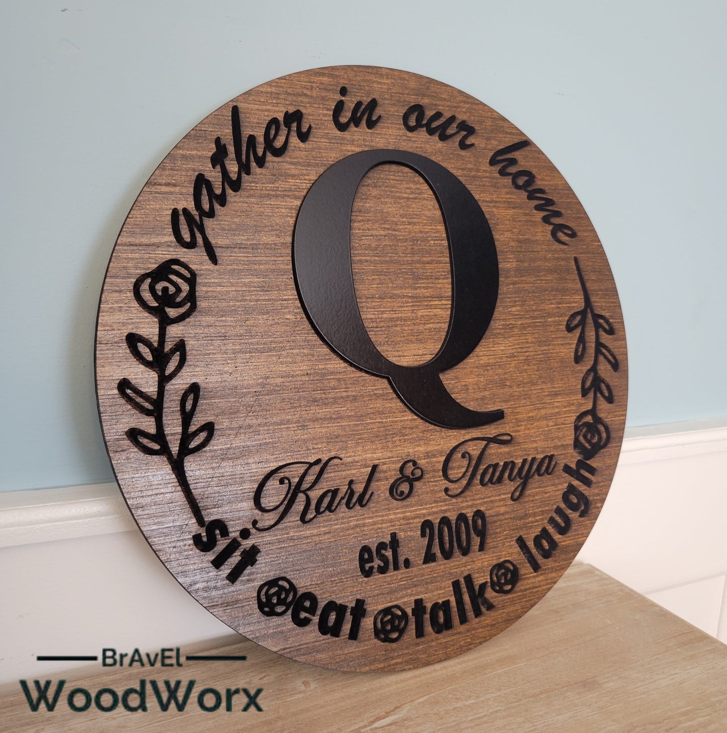 Detailed view of hand-engraved wooden wedding sign showing craftsmanship quality