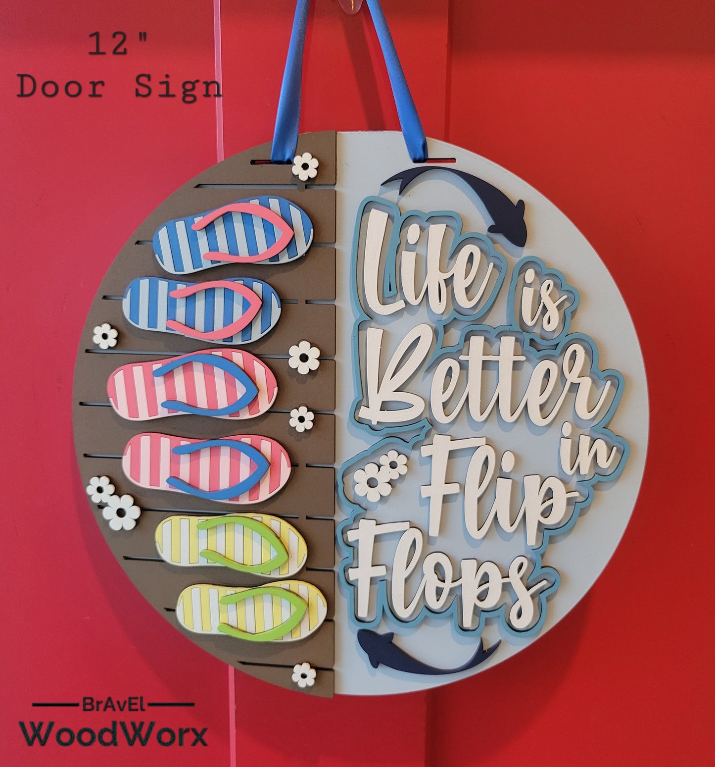 A rectangular wooden sign with a coastal vibe, featuring the text "Life is Better in Flip Flops" written in a playful, beach-inspired font. The background is painted in soft turquoise with a weathered wood texture, accented by illustrations of flip flops and small seashells. Perfect for beach houses, patios, or summer decor. 12 inch sign