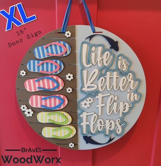 A rectangular wooden sign with a coastal vibe, featuring the text "Life is Better in Flip Flops" written in a playful, beach-inspired font. The background is painted in soft turquoise with a weathered wood texture, accented by illustrations of flip flops and small seashells. Perfect for beach houses, patios, or summer decor. Extra large