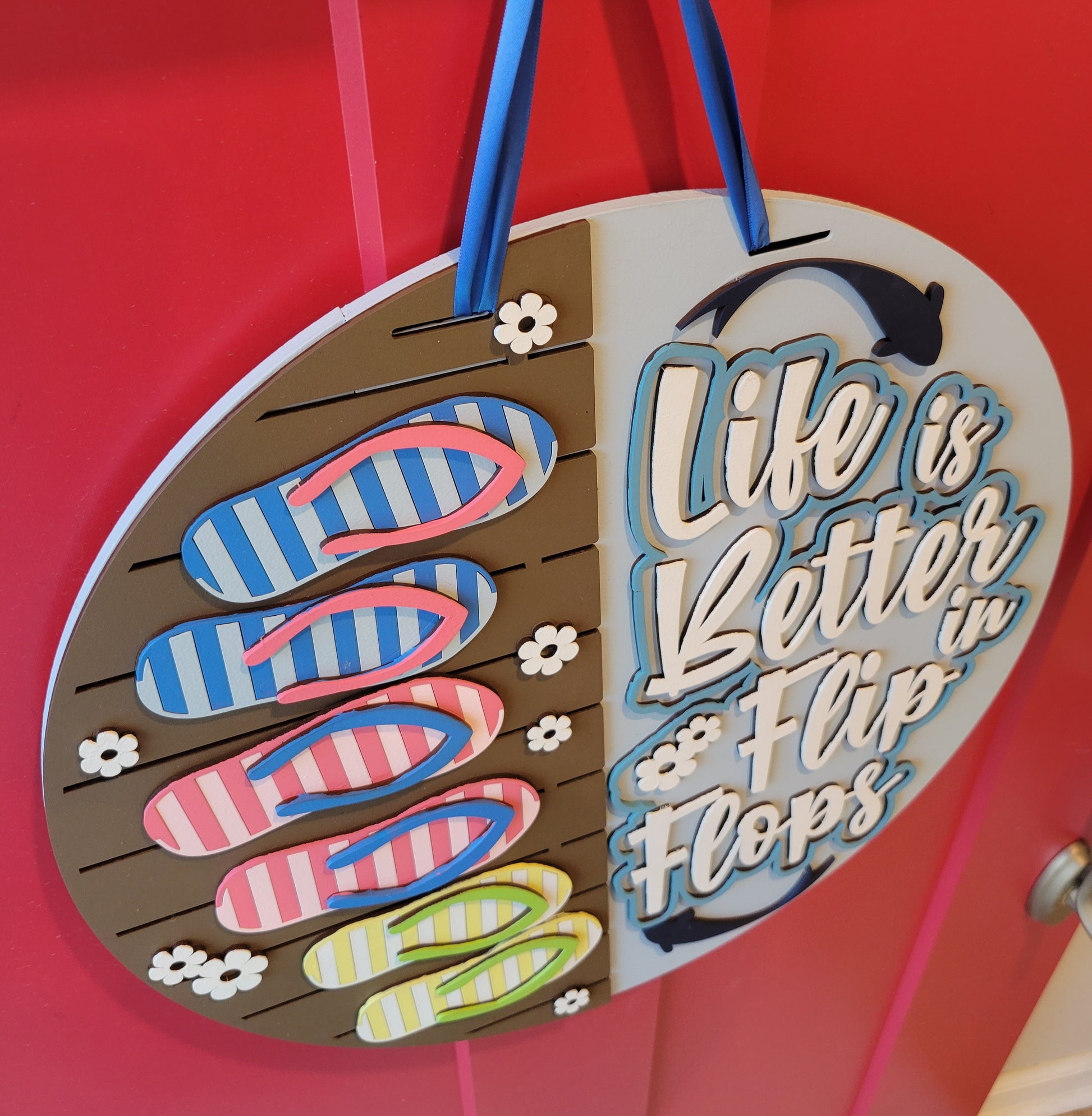 A rectangular wooden sign with a coastal vibe, featuring the text "Life is Better in Flip Flops" written in a playful, beach-inspired font. The background is painted in soft turquoise with a weathered wood texture, accented by illustrations of flip flops and small seashells. Perfect for beach houses, patios, or summer decor. Top view