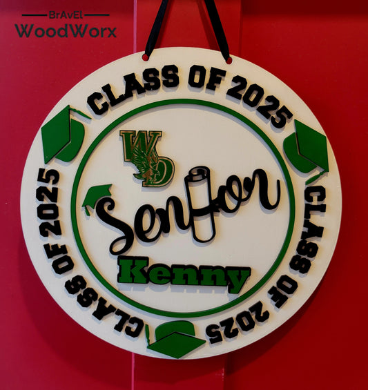 Personalized 2025 Graduation Door Hanger – Custom Wood Sign with School Logo, Colors, and Graduate Name, Available in 15-Inch and 9-Inch Sizes