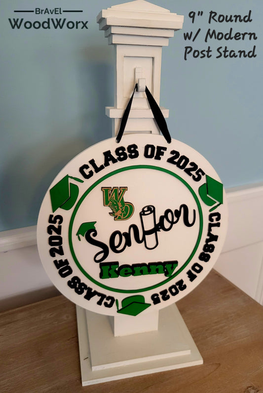 2025 Graduation Door Hanger with Post Stand – Personalized Wooden Sign with School Logo, Colors, and Graduate Name – Outdoor Graduation Decoration