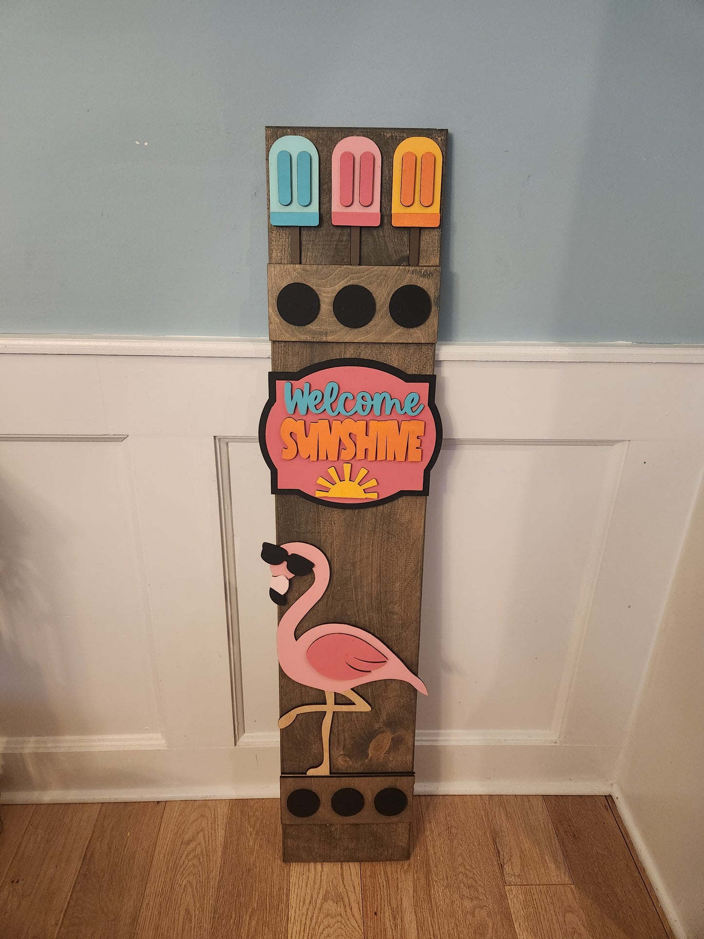 Summer Flamingo Interchangeable Porch Leaner – Custom Wooden Front Porch Sign with Swappable Holiday & Everyday Designs