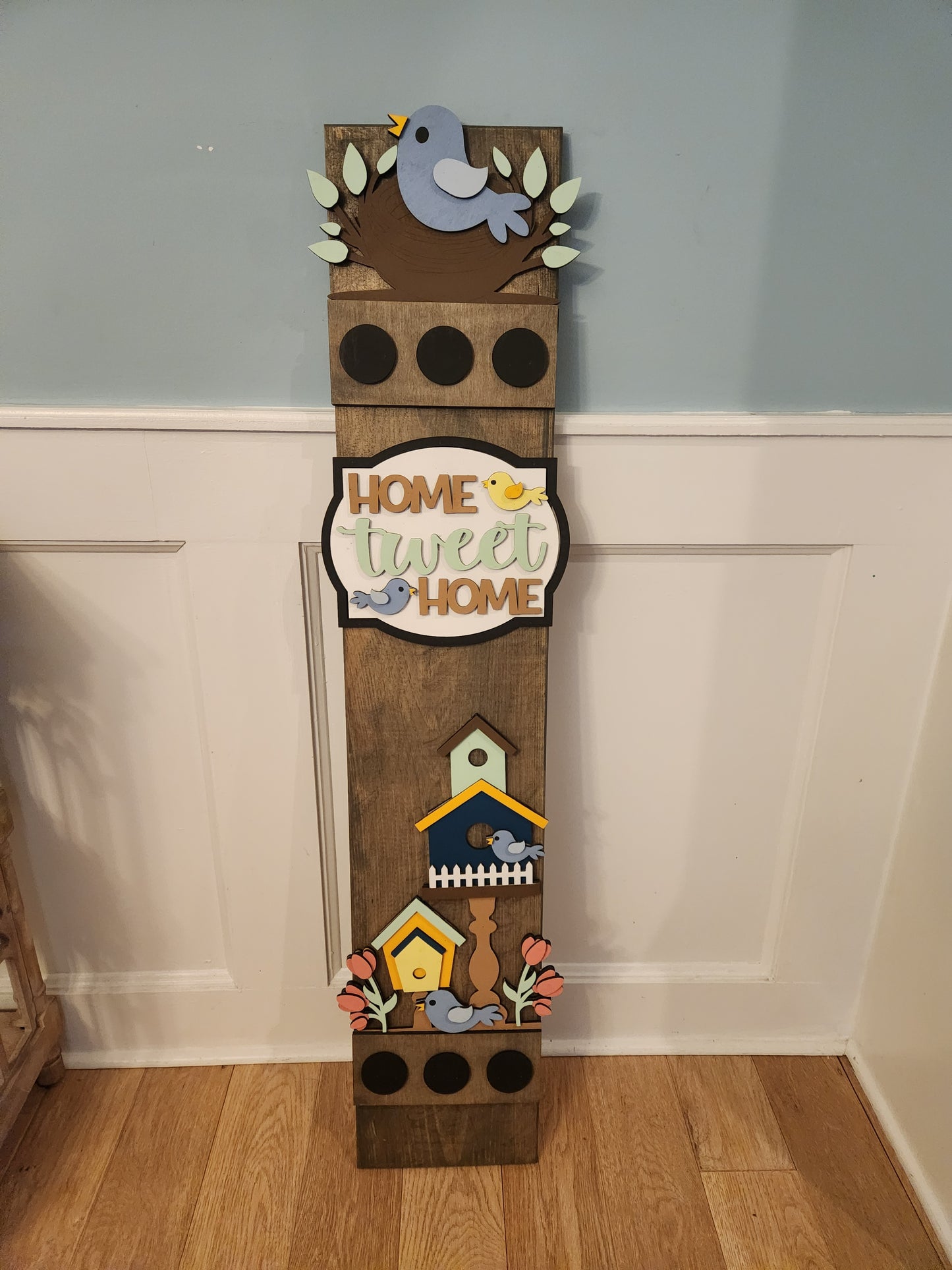 Interchangeable Spring Porch Leaner – “Home Tweet Home” Birdhouse & Nest Design | Rustic Handmade Front Porch Sign | Seasonal Insert