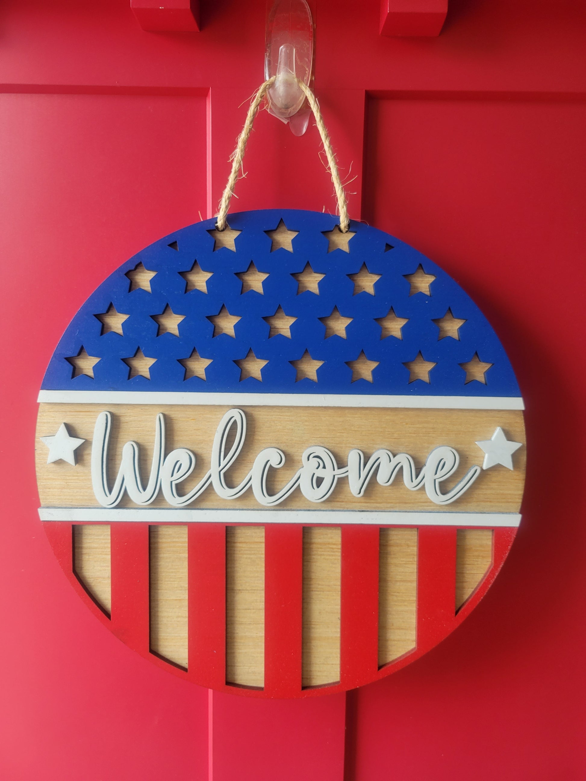 3D Wood Welcome Flag Door / Wall Sign / Wreath Summer American Red White Blue Patriotic USA