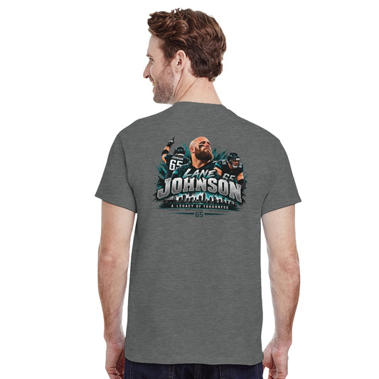 Male model wearing gray Lane Johnson #65 tribute T-shirt, back view with large football graphic.