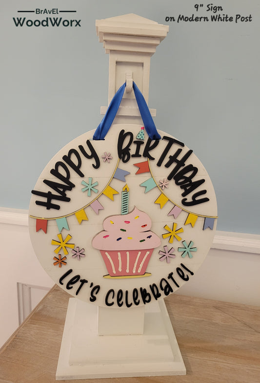 An image showcasing the 'Birthday Bliss: Festive Shelf Post Stand,' a decorative piece for home celebrations. The stand features vibrant, colorful details with interchangeable festive elements, ideal for seasonal birthday decor on shelves or tabletops. Front